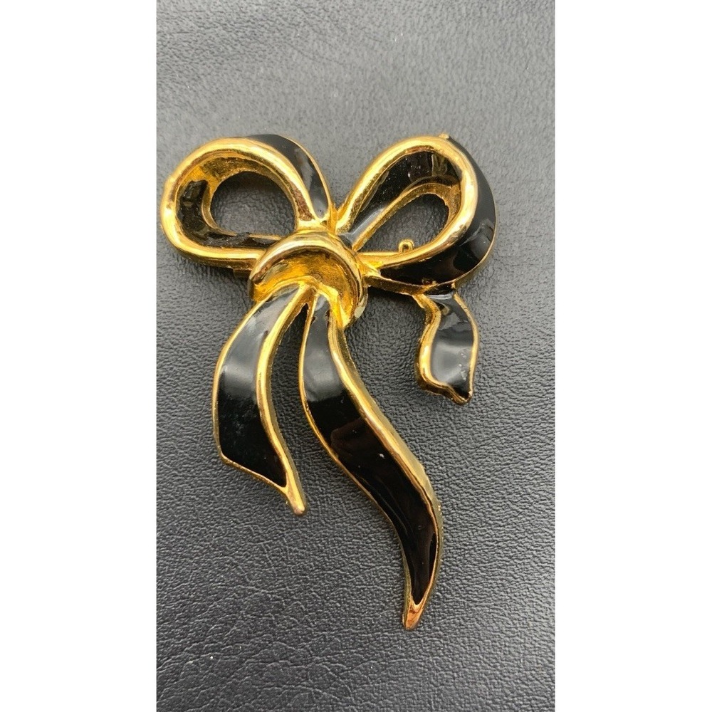 Vintage Gold Tone And Black Enamel Bow Brooch